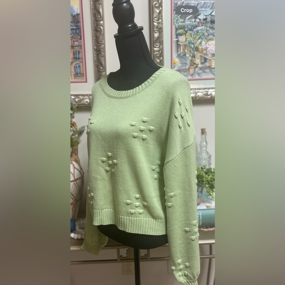 LALAVON CREW NECK TEXTURED MINT GREEN LOOSE FITTING BALLON SLEEVE SWEATER SZ L - Picture 4 of 10